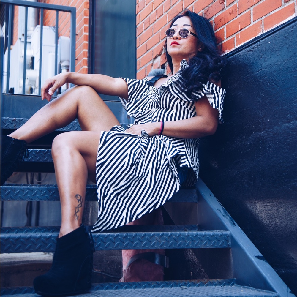 B&W Striped Asymmetrical Bustle Top
